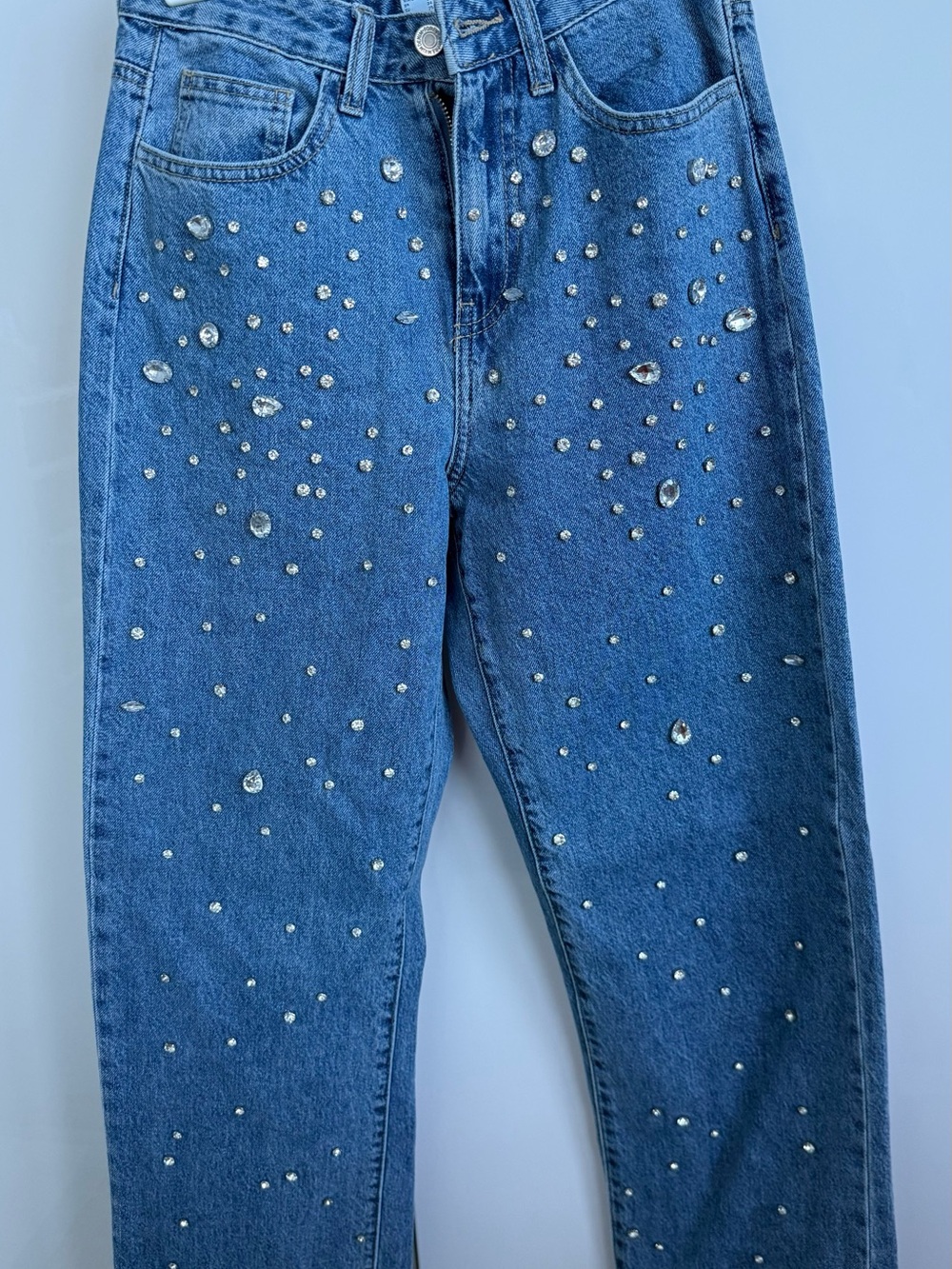 Forever 21 Blue Straight-Leg Jeans with Crystal Studs
